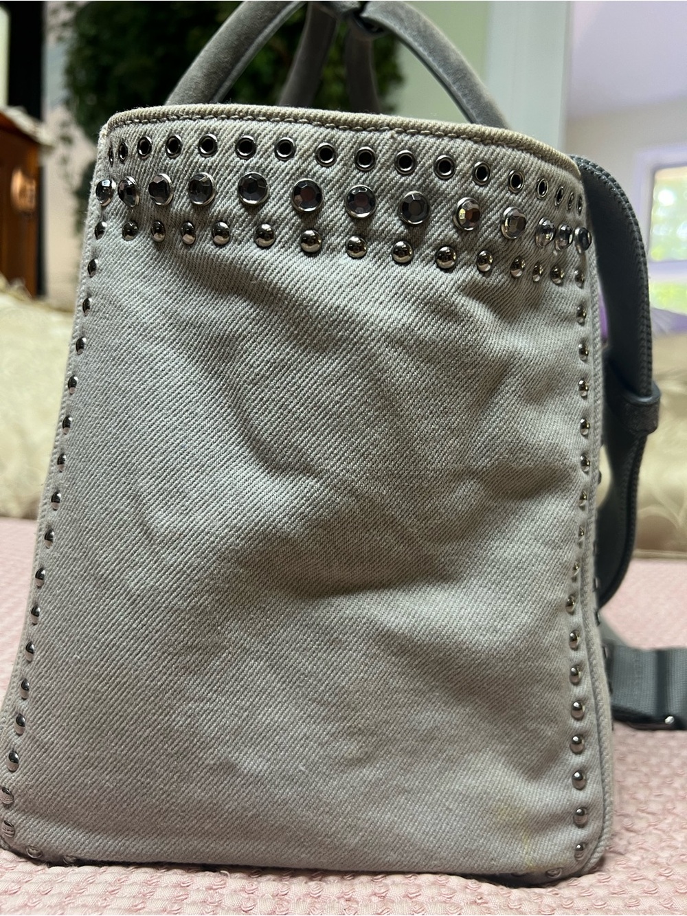 Prada Canapa Studded Crystal Denim Tote Bag Grey Nube B2692H - Picture 7 of 17